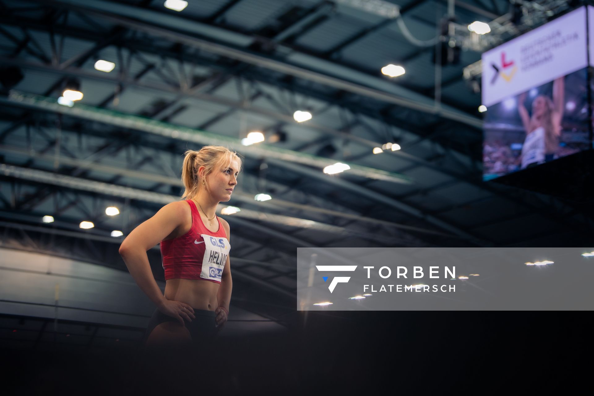 Lysann Helms (TSV Bayer 04 Leverkusen) vor dem 400m Vorlauf am 17.02.2024 während den 71. Deutschen Leichtathletik-Hallenmeisterschaften in der QUARTERBACK Immobilien ARENA in Leipzig