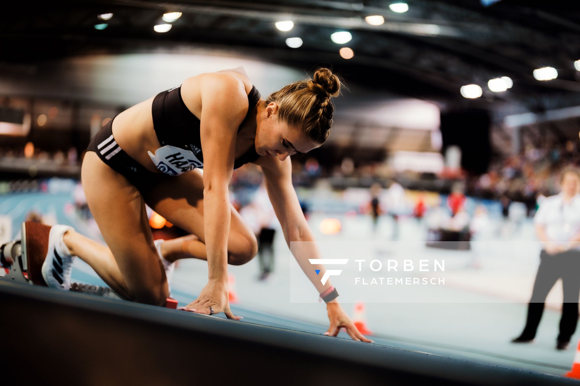 Rebekka Haase (Sprintteam Wetzlar) im Startblock am 18.02.2024 während den 71. Deutschen Leichtathletik-Hallenmeisterschaften in der QUARTERBACK Immobilien ARENA in Leipzig