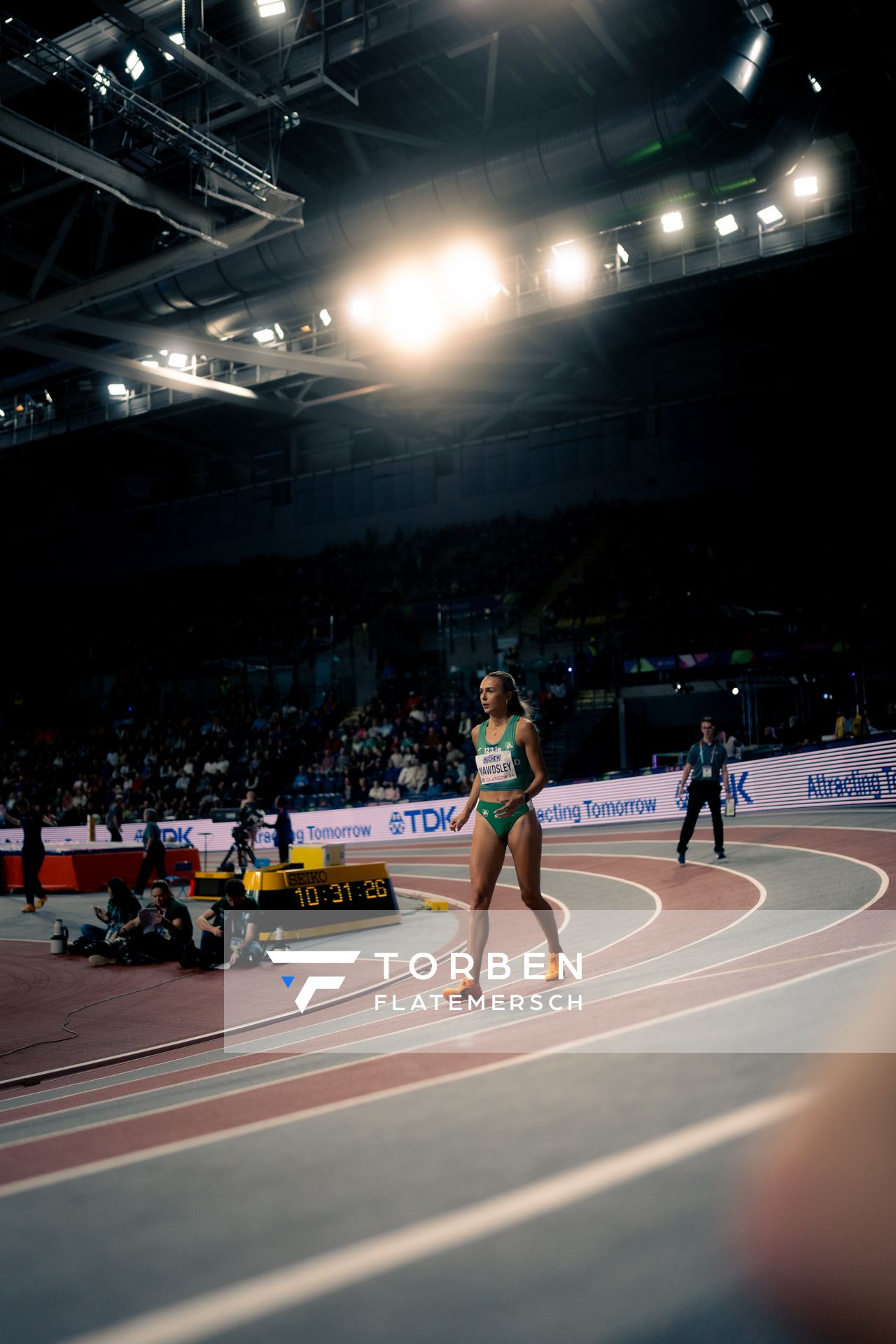 Sharlene Mawdsley (IRL/Ireland) im 400m Vorlauf am 01.03.2024 bei den World Athletics Indoor Championships in Glasgow (Schottland / Vereinigtes Königreich)