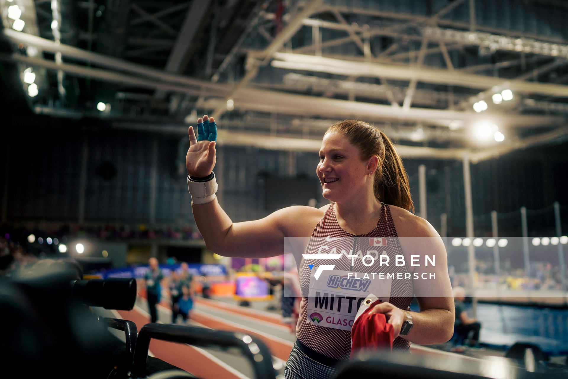 Sarah Mitton (CAN/Canada) beim Kugelstoßen am 01.03.2024 bei den World Athletics Indoor Championships in Glasgow (Schottland / Vereinigtes Königreich)