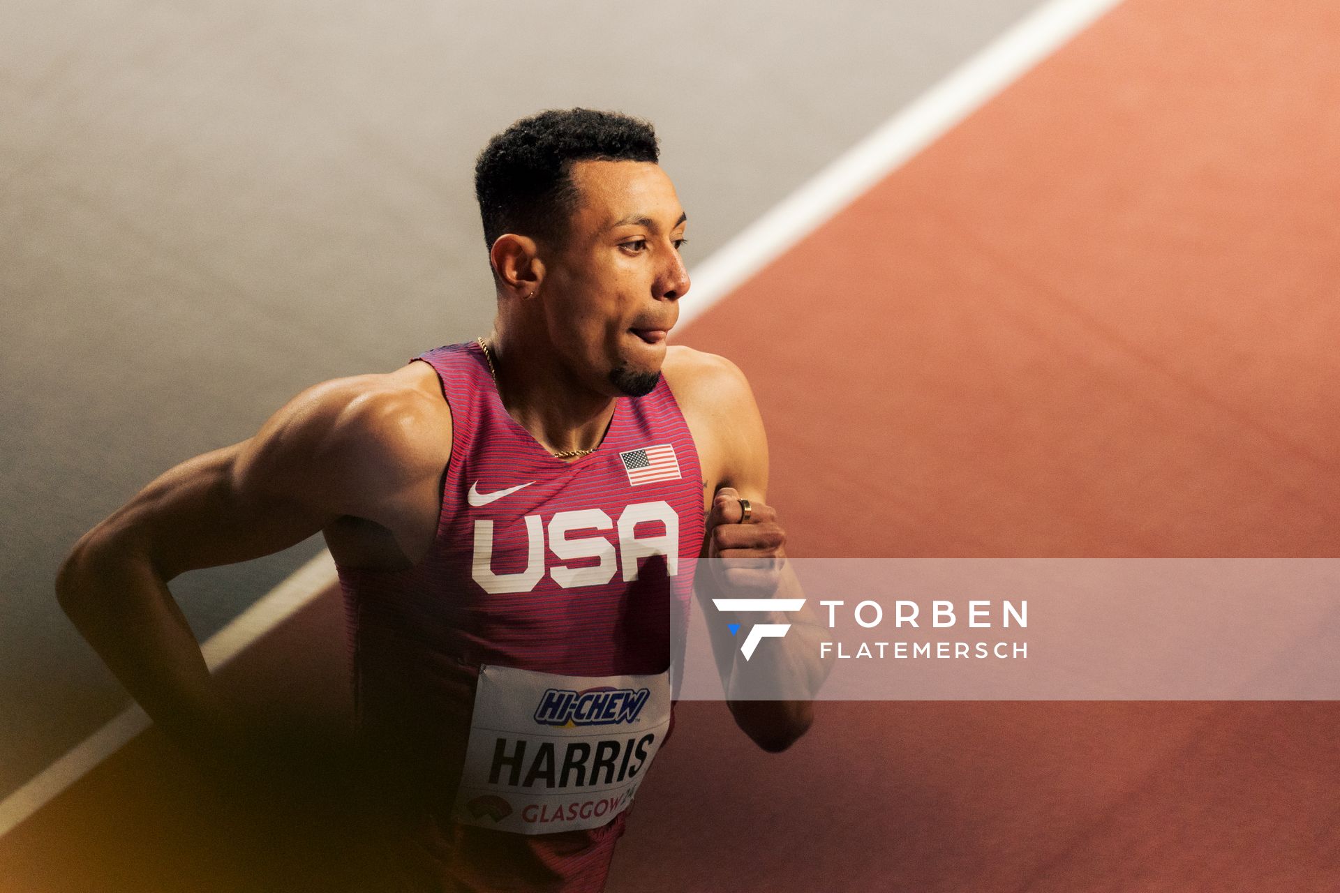 Isaiah Harris (USA/United States of America) am 01.03.2024 bei den World Athletics Indoor Championships in Glasgow (Schottland / Vereinigtes Königreich)