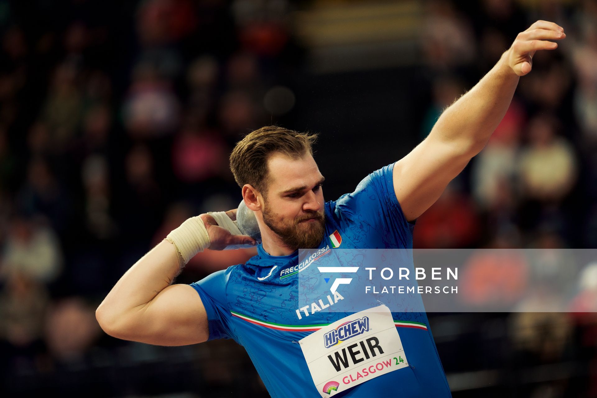 Zane Weir (ITA/Italy) beim Kugelstoßen am 01.03.2024 bei den World Athletics Indoor Championships in Glasgow (Schottland / Vereinigtes Königreich)