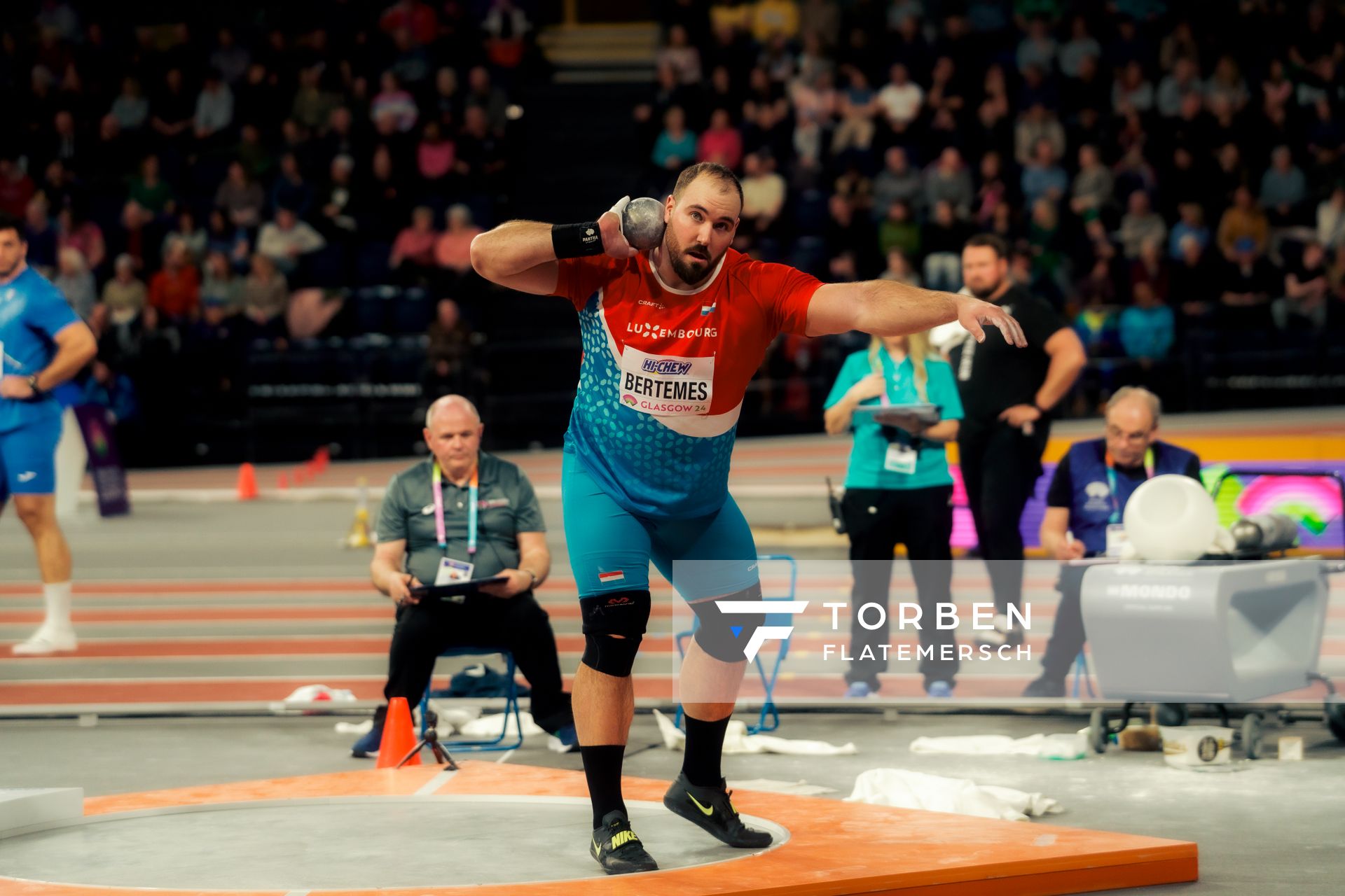 Bob Bertemes (LUX/Luxembourg) beim Kugelstoßen am 01.03.2024 bei den World Athletics Indoor Championships in Glasgow (Schottland / Vereinigtes Königreich)