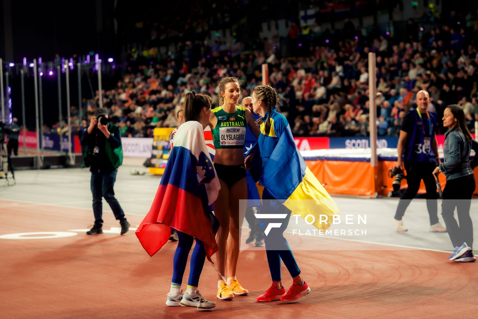 Lia Apostolovski (SLO/Slovenia), Nicola Olyslagers (AUS/Australia), Yaroslava Mahuchikh (UKR/Ukraine) am 01.03.2024 bei den World Athletics Indoor Championships in Glim Hochsprung asgow (Schottland / Vereinigtes Königreich)