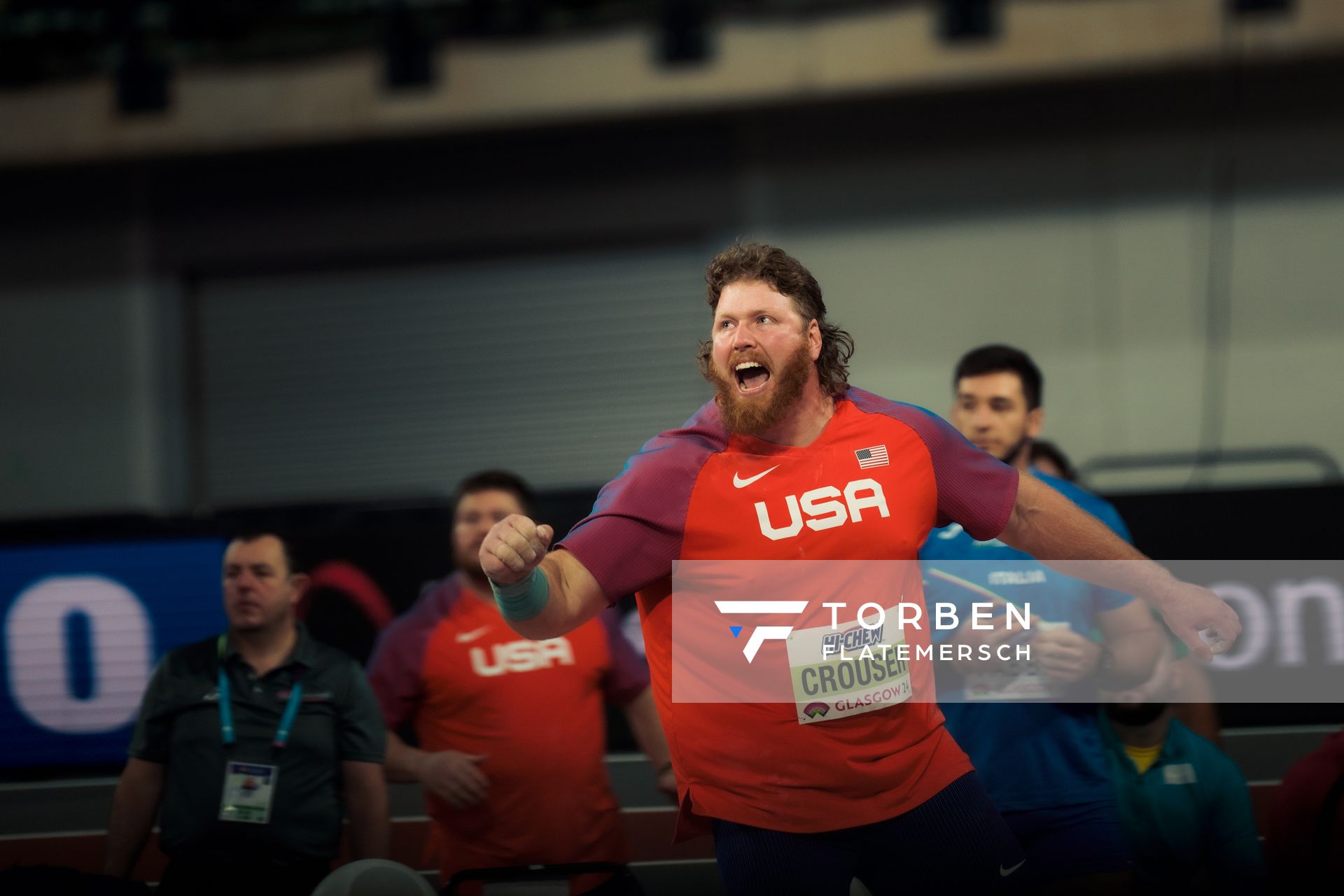Ryan Crouser (USA/United States of America) im Kugelstoßen am 01.03.2024 bei den World Athletics Indoor Championships in Glasgow (Schottland / Vereinigtes Königreich)