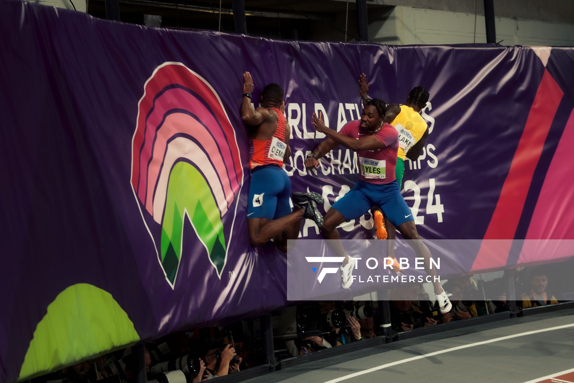 Christian Coleman (USA/United States of America), Noah Lyles (USA/United States of America), Ackeem Blake (JAM/Jamaica) am 01.03.2024 bei den World Athletics Indoor Championships in Glasgow (Schottland / Vereinigtes Königreich)