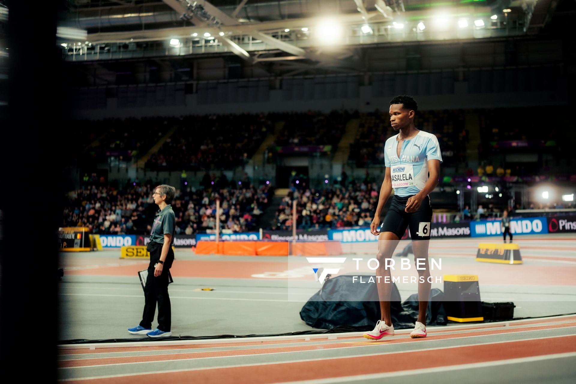 Tshepiso Masalela (BOT) im 800m Halbfinale am 02.03.2024 bei den World Athletics Indoor Championships in Glasgow (Schottland / Vereinigtes Königreich)