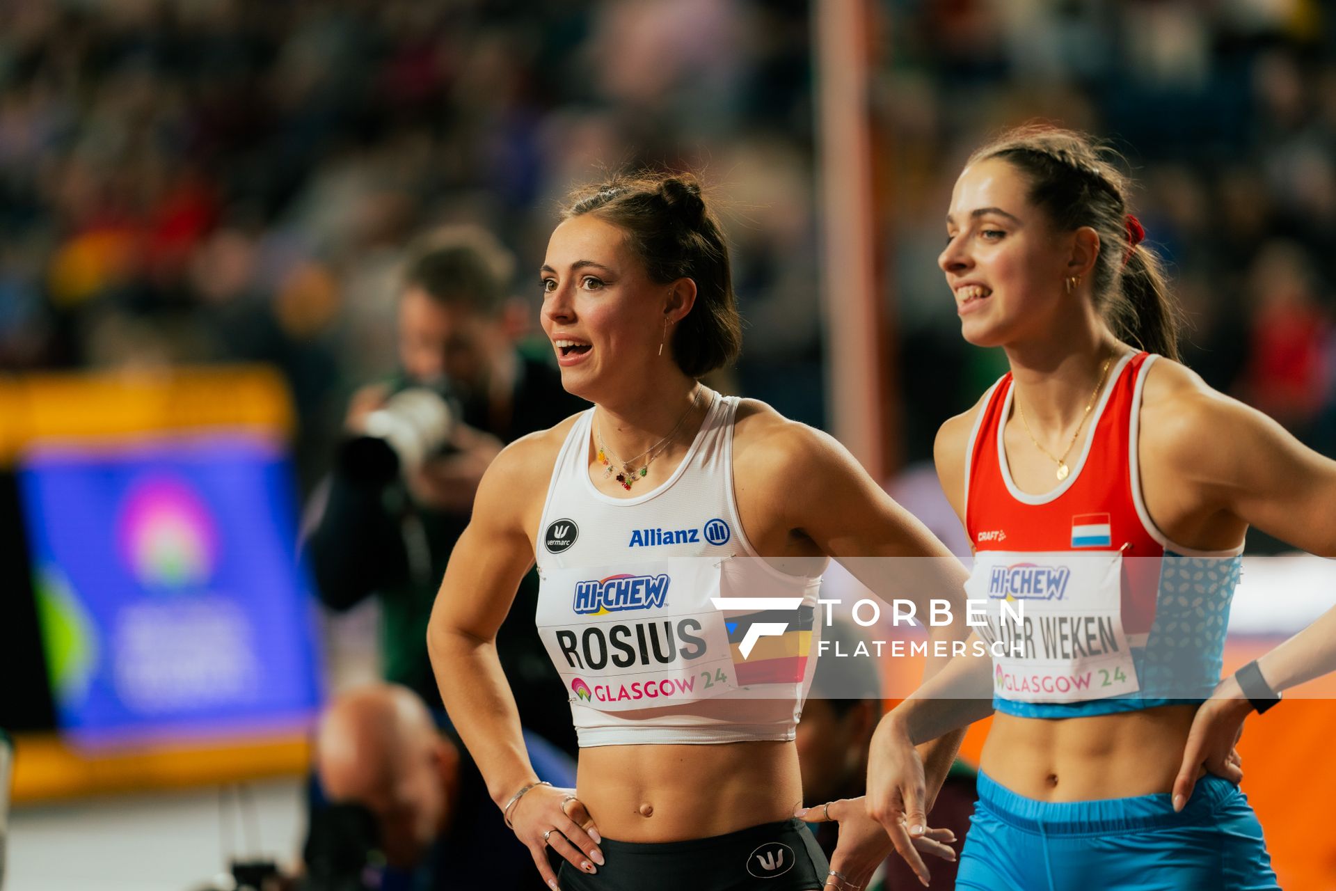 Rani Rosius (BEL/Belgium), Patrizia Van Der Weken (LUX/Luxembourg) am 02.03.2024 bei den World Athletics Indoor Championships in Glasgow (Schottland / Vereinigtes Königreich)