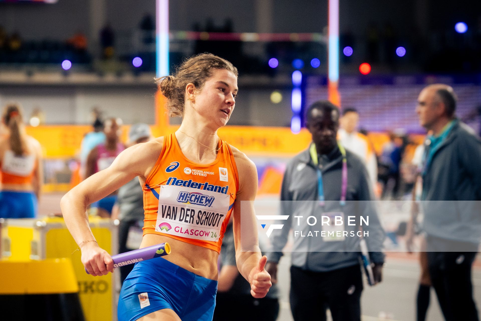 Myrte Van Der Schoot (NED/Netherlands) in der 4x400m Staffel am 03.03.2024 bei den World Athletics Indoor Championships in Glasgow (Schottland / Vereinigtes Königreich)