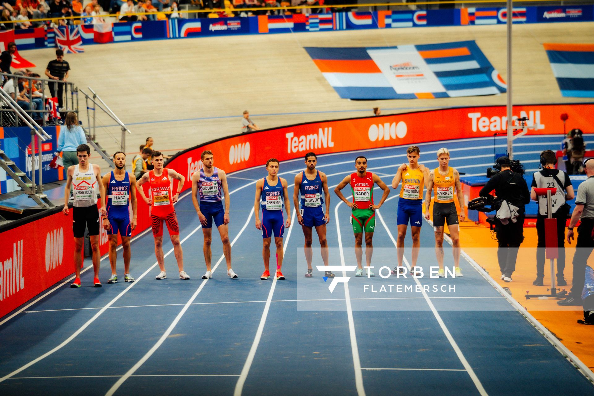 Ruben VERHEYDEN (BEL), Azeddine HABZ (FRA), Jakob INGEBRIGTSEN (NOR), Neil GOURLEY (GBR), Paul ANSELMINI (FRA), Louis GILAVERT (FRA), Isaac NADER (POR), Samuel PIHLSTRÖM (SWE), Robert FARKEN (GER/Germany) during the European Athletics Indoor Championships on 07/03/2025 at the Omnisport Arena in Apeldoorn