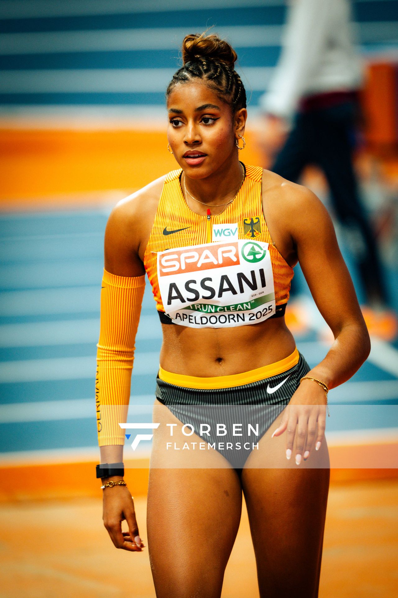 Mikaelle Assani (GER/Germany) during the European Athletics Indoor Championships on 07/03/2025 at the Omnisport Arena in Apeldoorn