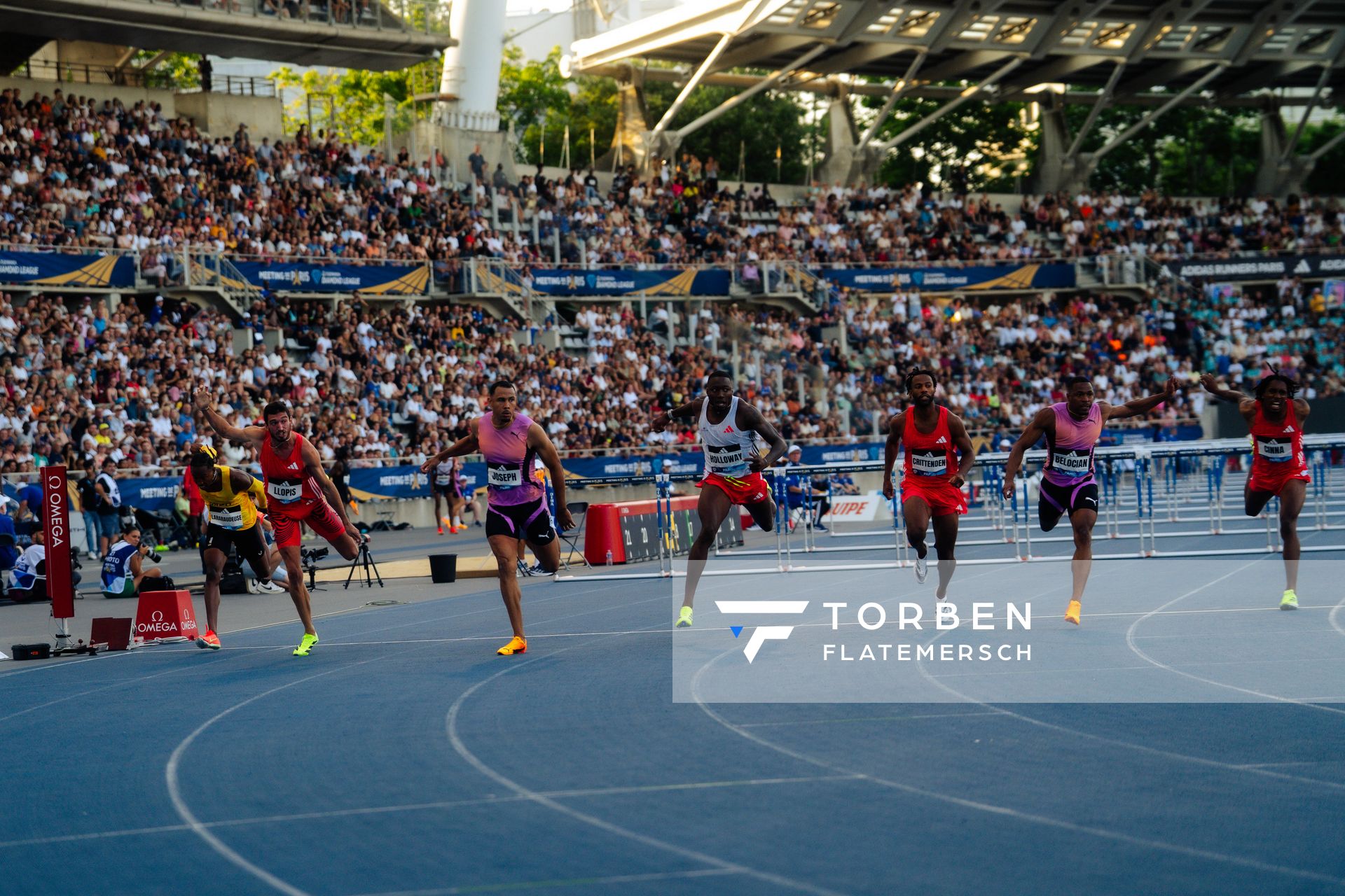 Michael Obasuyi (Belgium),Erwann Cinna (France)
Wilhem Belocian (France), Freddie Crittenden (United States), Grant Holloway (United States), Jason Joseph (Switzerland), Enrique Llopis (Spain), Jeremie Lararaudeuse (Mauritius) during the 110m Hurdles at the Wanda Diamond League MEETING de Paris on 20/06/2025 in Paris