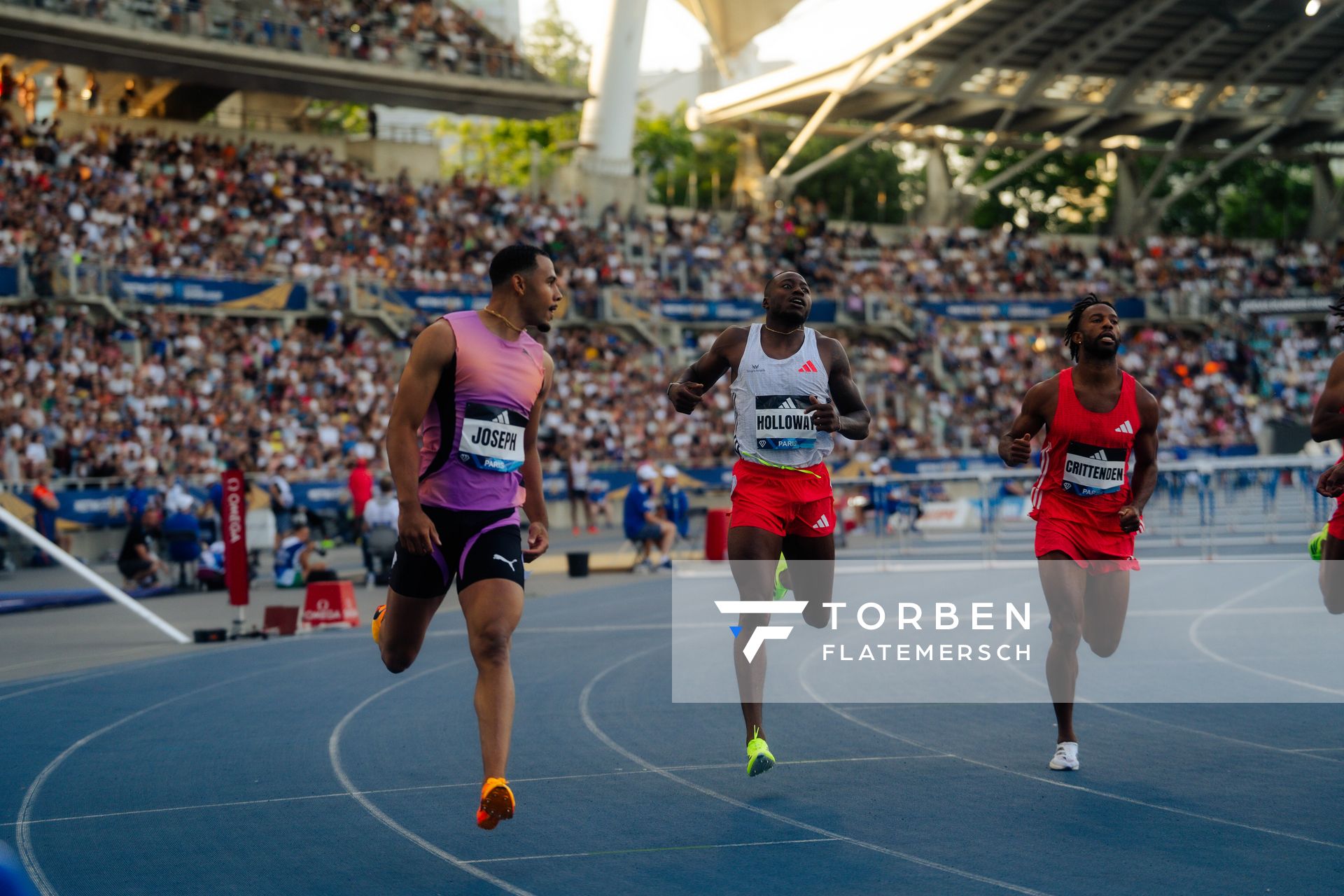 Freddie Crittenden (United States), Grant Holloway (United States), Jason Joseph (Switzerland) during the 110m Hurdles at the Wanda Diamond League MEETING de Paris on 20/06/2025 in Paris