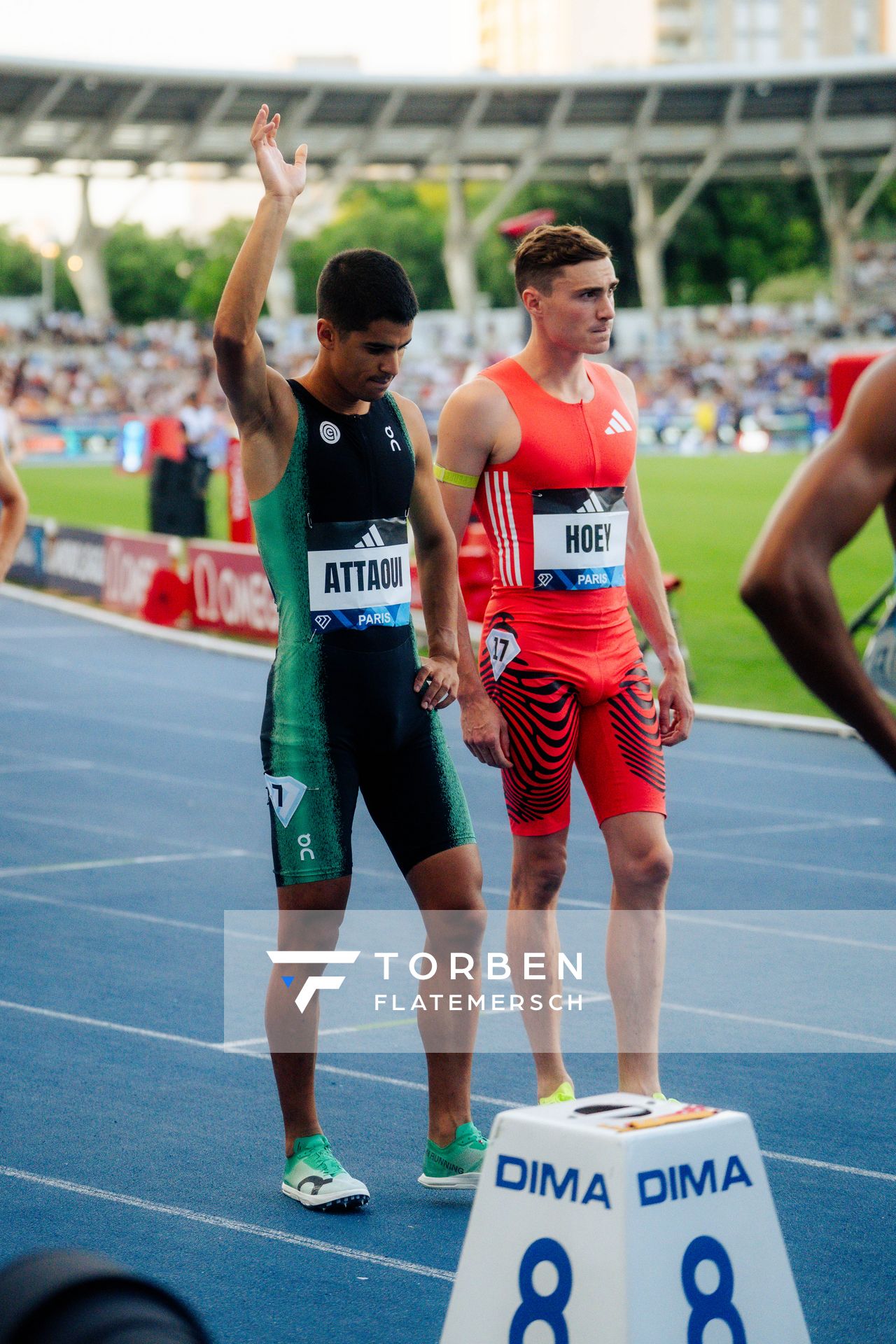 Mohamed Attaoui (Spain), Josh Hoey (United States) during the 800m race at the Wanda Diamond League MEETING de Paris on 20/06/2025 in Paris