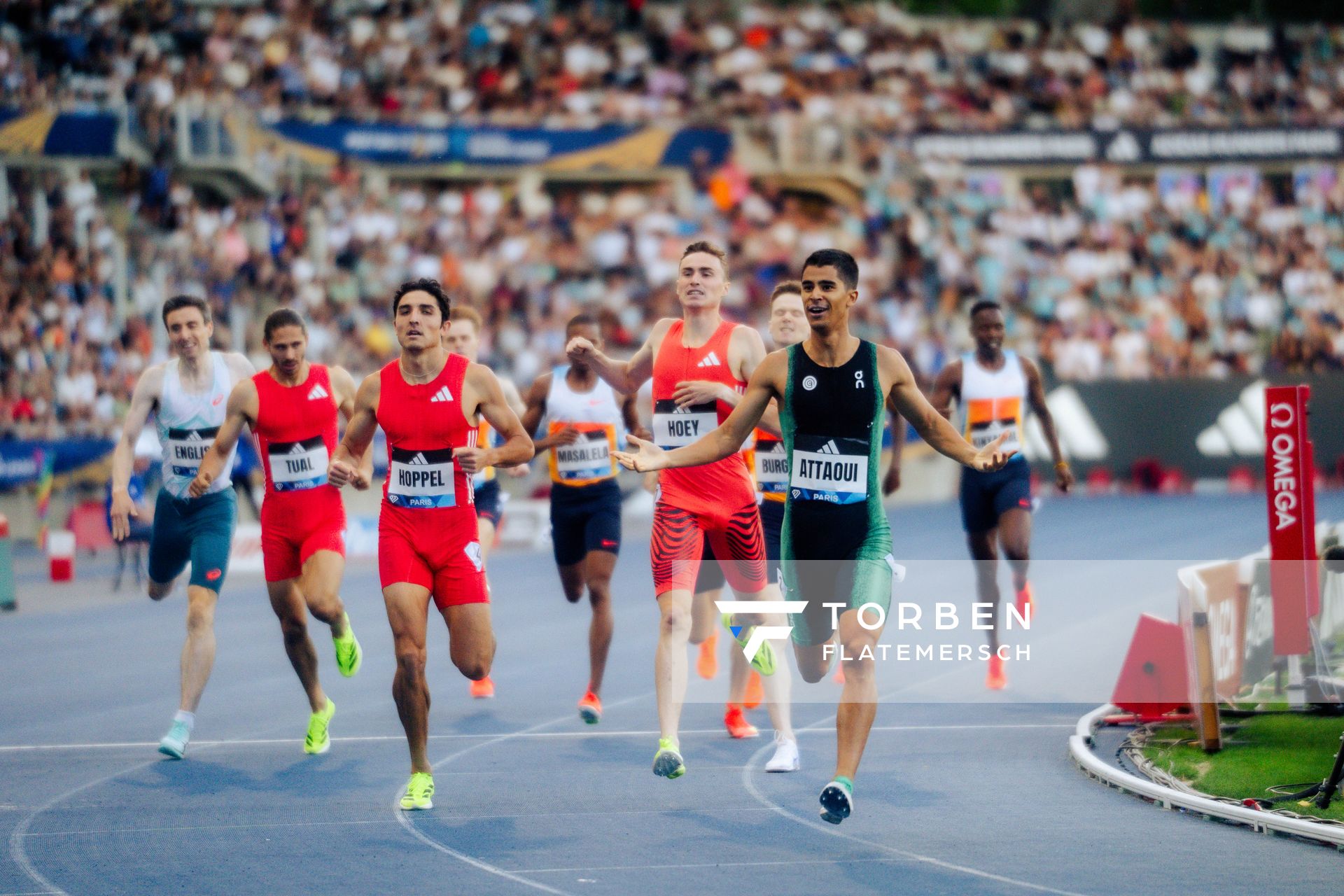 Mohamed Attaoui (Spain), Josh Hoey (United States), Bryce Hoppel (United States), Gabriel Tual (France) during the 800m race at the Wanda Diamond League MEETING de Paris on 20/06/2025 in Paris