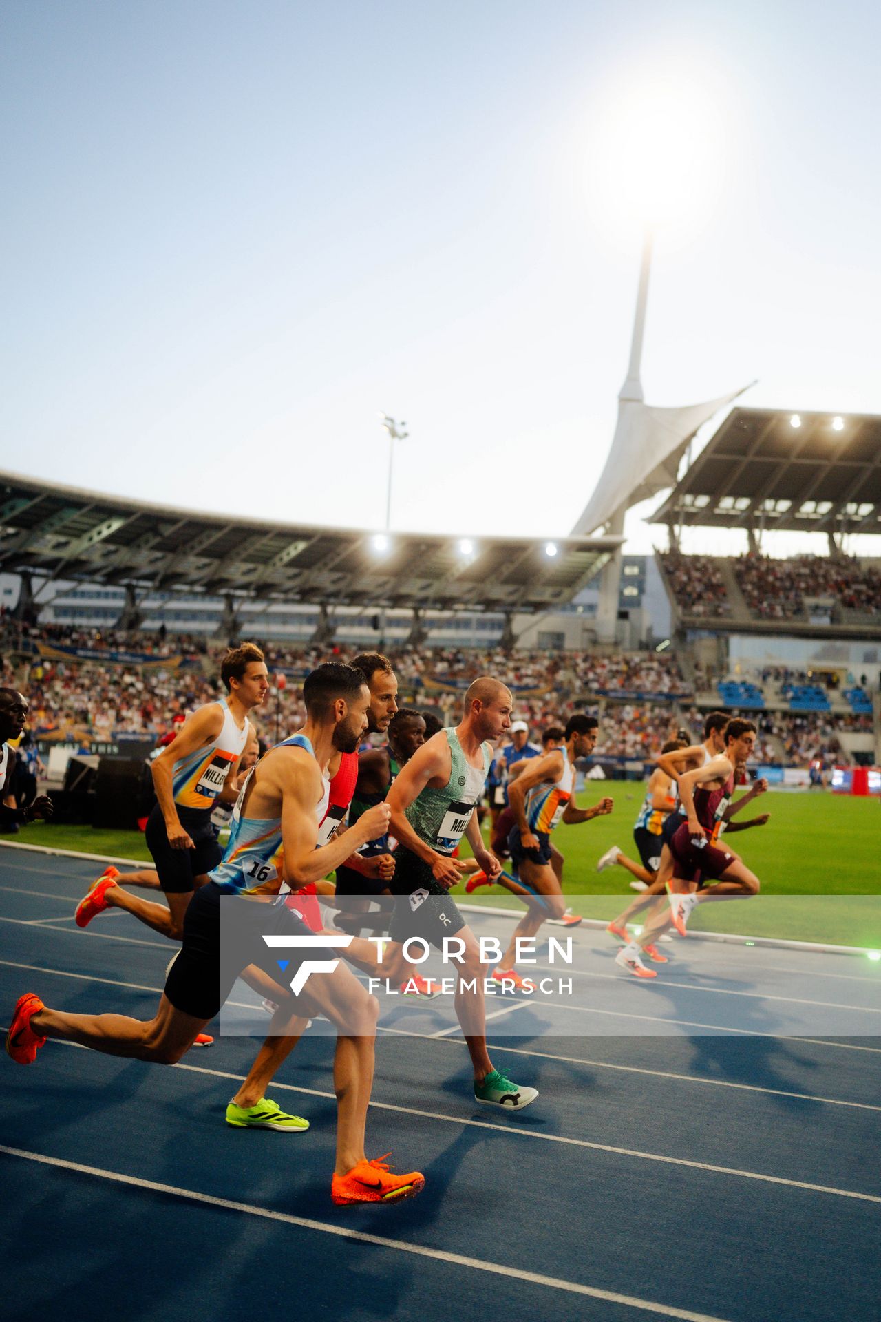 George Mills (United Kingdom), Azeddine Habz (France), Žan Rudolf (Slovenia), Mounir Akbache (France) during the 1500m race at the Wanda Diamond League MEETING de Paris on 20/06/2025 in Paris