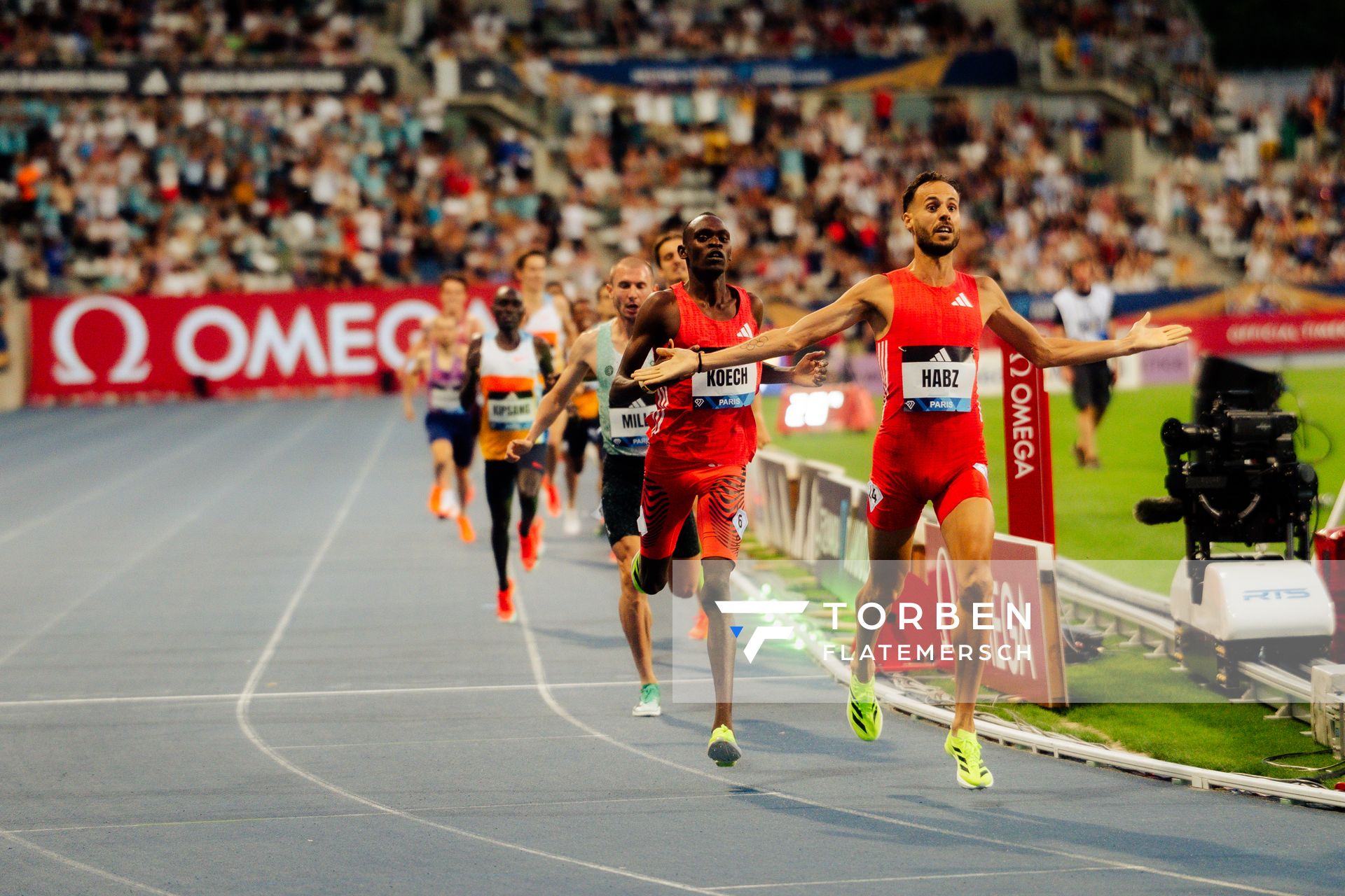 Azeddine Habz (France), Phanuel Kipkosgei Koech (Kenya), George Mills (United Kingdom) during the 1500m race at the Wanda Diamond League MEETING de Paris on 20/06/2025 in Paris