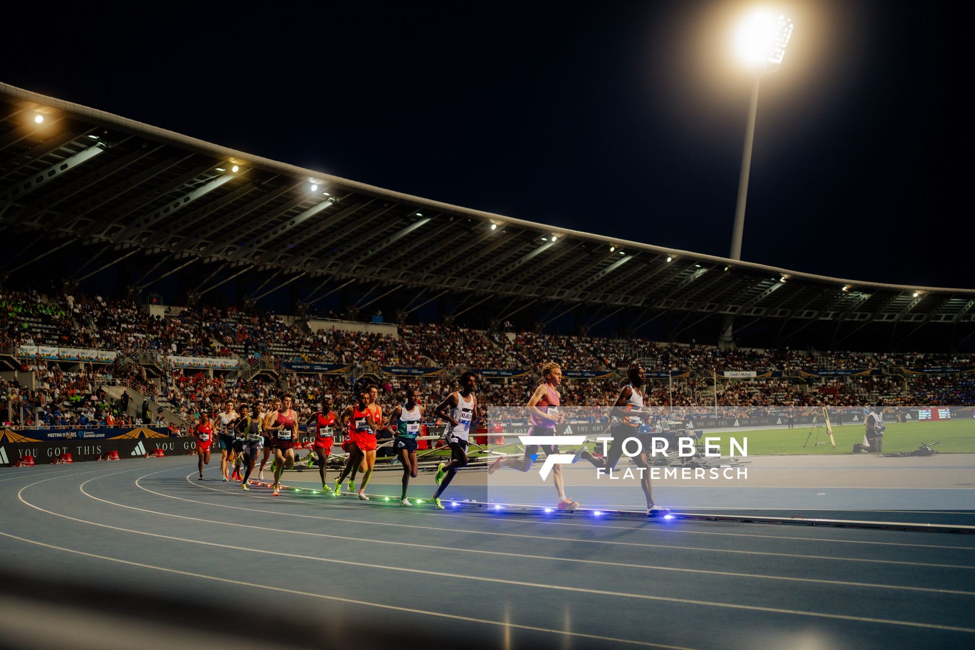 Valentin Gondouin (France), Santiago Catrofe (Uruguay), Gemechu Dida (Ethiopia), Etienne Daguinos (France),irhanu Balew (Bahrain), Graham Blanks (United States), Jacob Krop (Kenya), Mezgebu Sime (Ethiopia), Adriaan Wildschutt (South Africa), Samuel Tefera (Ethiopia), Soufiane El Bakkali (Morocco), Yann Schrub (France), Jimmy Gressier (France), Nico Young (United States), Yomif Kejelcha (Ethiopia), Addisu Yihune (Ethiopia), Jude Thomas (Australia), Boaz Kiprugut (Kenya) during the 5000m race at the Wanda Diamond League MEETING de Paris on 20/06/2025 in Paris