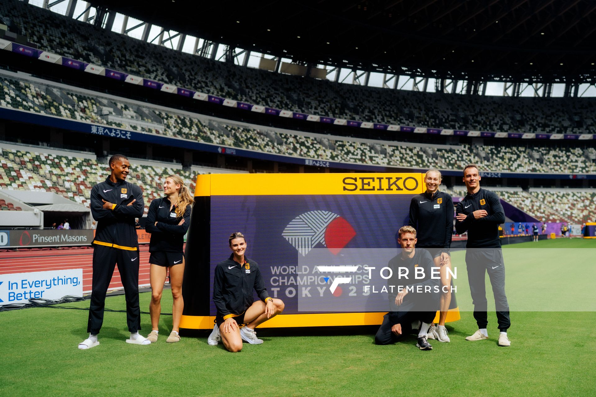 The German 4x400 meter mixed relay team with Jana Lakner (GER), Johanna Martin (GER), Elisa Lechleitner (GER), Florian Kroll (GER), Manuel Sanders (GER), Emil Agyekum (GER) during the World Athletics Championships on 12.09.2025 in Tokyo
