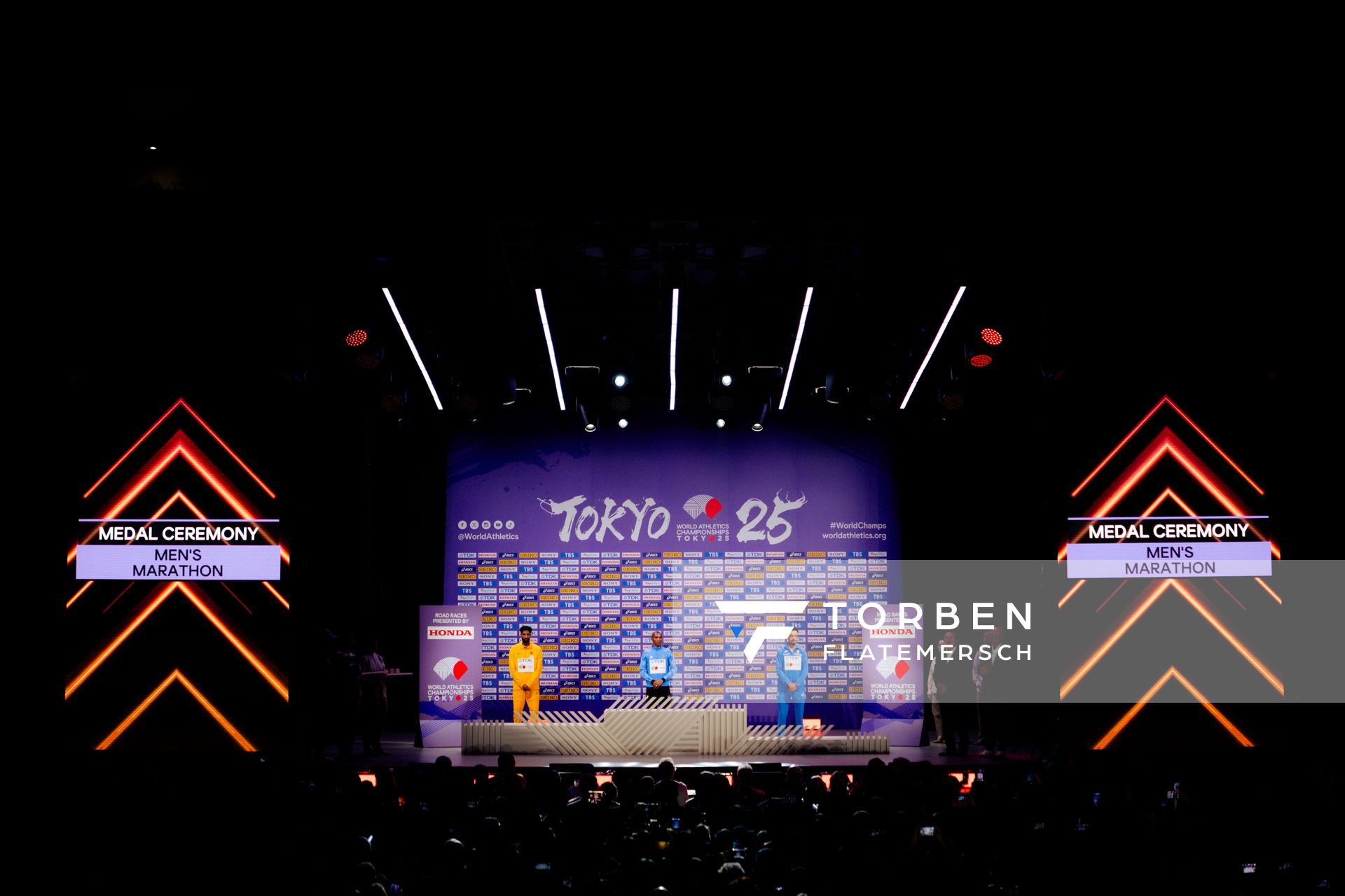 Medal ceremony of Men’s Marathon during the World Athletics Championships with Amanal Petros (GER),
 Alphonce Felix Simbu (TAN) & Iliass Aouani (ITA) 15.09.2025 in Tokyo.