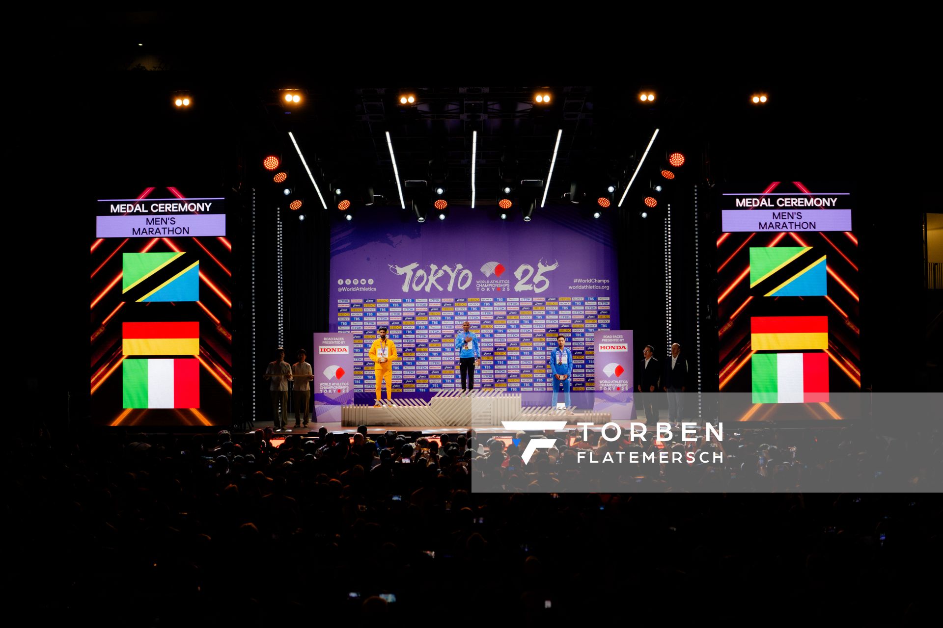 Medal ceremony of Men’s Marathon during the World Athletics Championships with Amanal Petros (GER),
Alphonce Felix Simbu (TAN) & Iliass Aouani (ITA) 15.09.2025 in Tokyo.