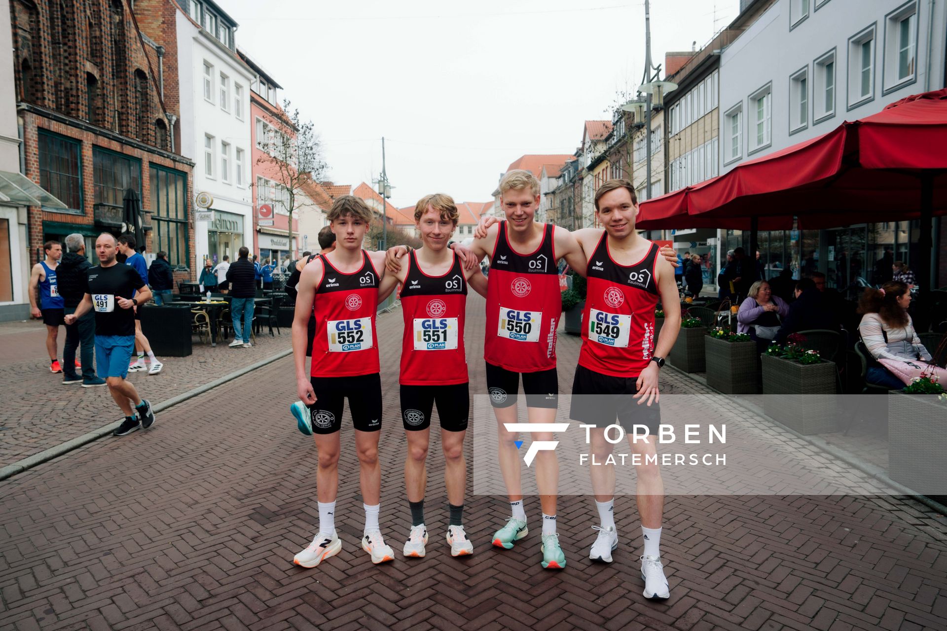 Jakob Langen (LG Osnabrück), Matthias Apel (LG Osnabrück), Jan Henrik Küthe (LG Osnabrück), Henning Jeschke (LG Osnabrück) am 08.03.2026 bei den Deutschen Meisterschaften 10 km Straße in Uelzen