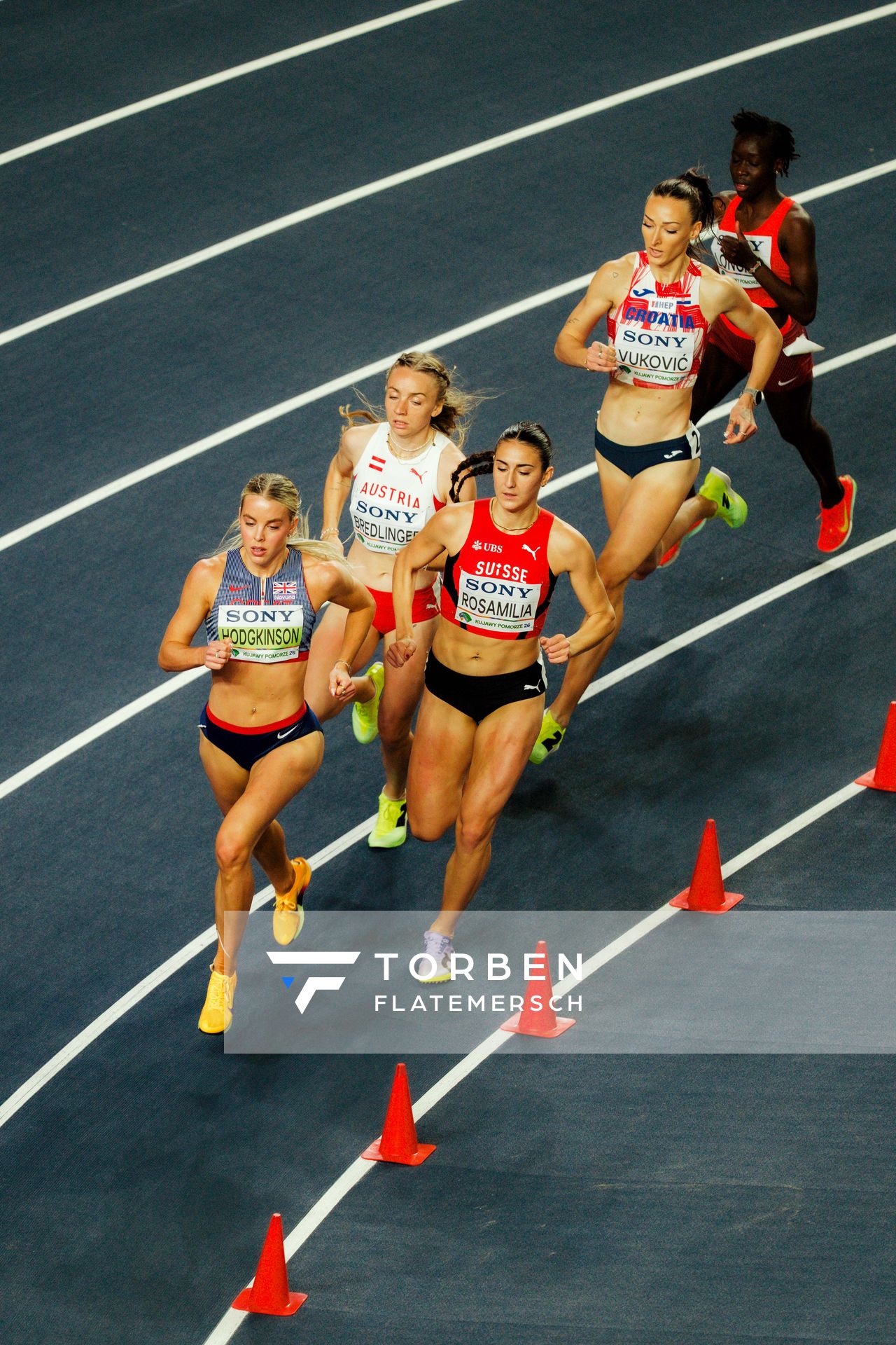 Keely Hodgkinson (Great Britain & N.I.), Valentina Rosamilia (Switzerland), Caroline Bredlinger (Austria), Nina Vuković (Croatia) on 20.03.2026 at the World Athletics Indoor Championships 2026 in Torun