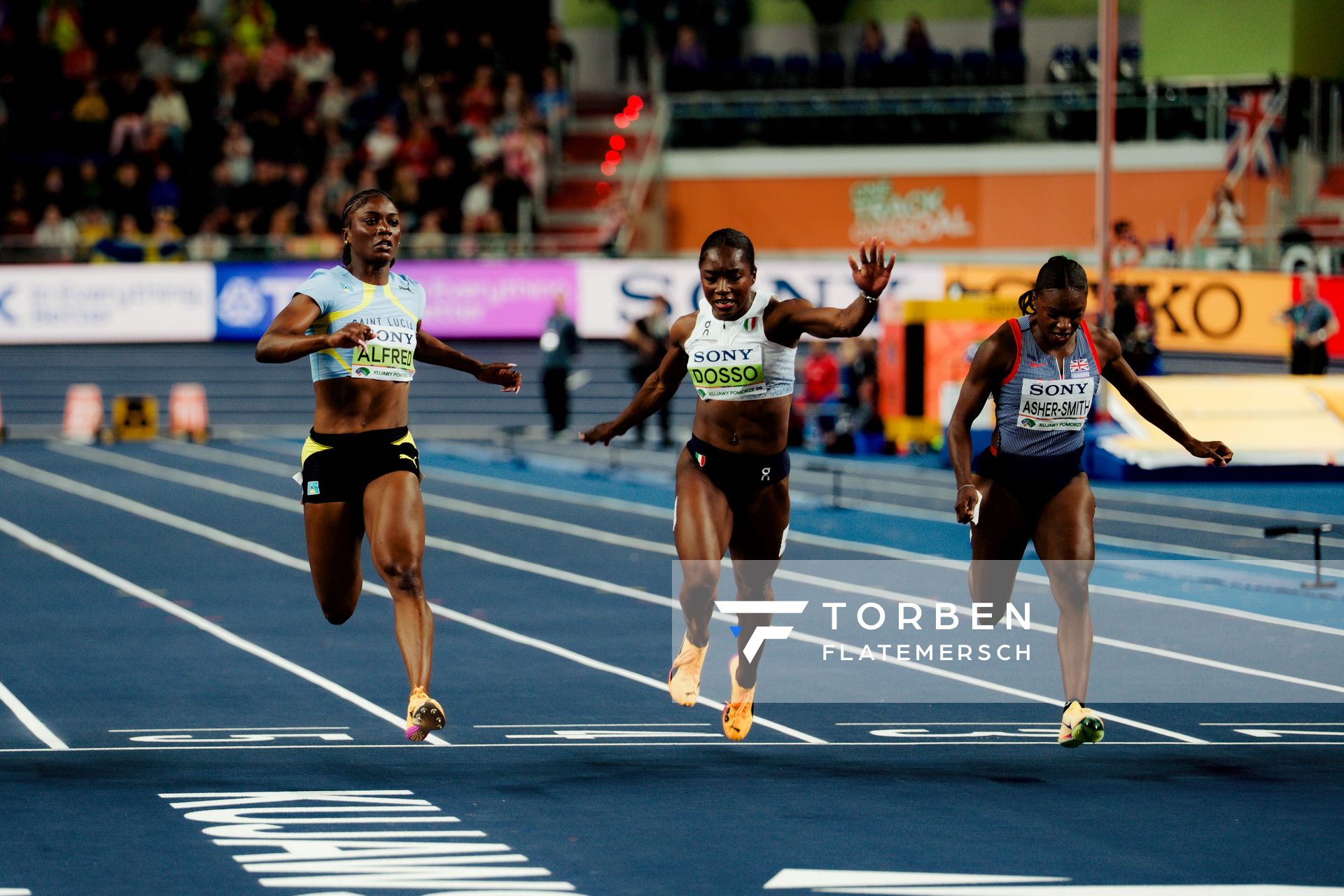 Julien Alfred (Saint Lucia), Zaynab Dosso (Italy), Dina Asher-Smith (Great Britain & N.I.) on 21.03.2026 at the World Athletics Indoor Championships 2026 in Torun