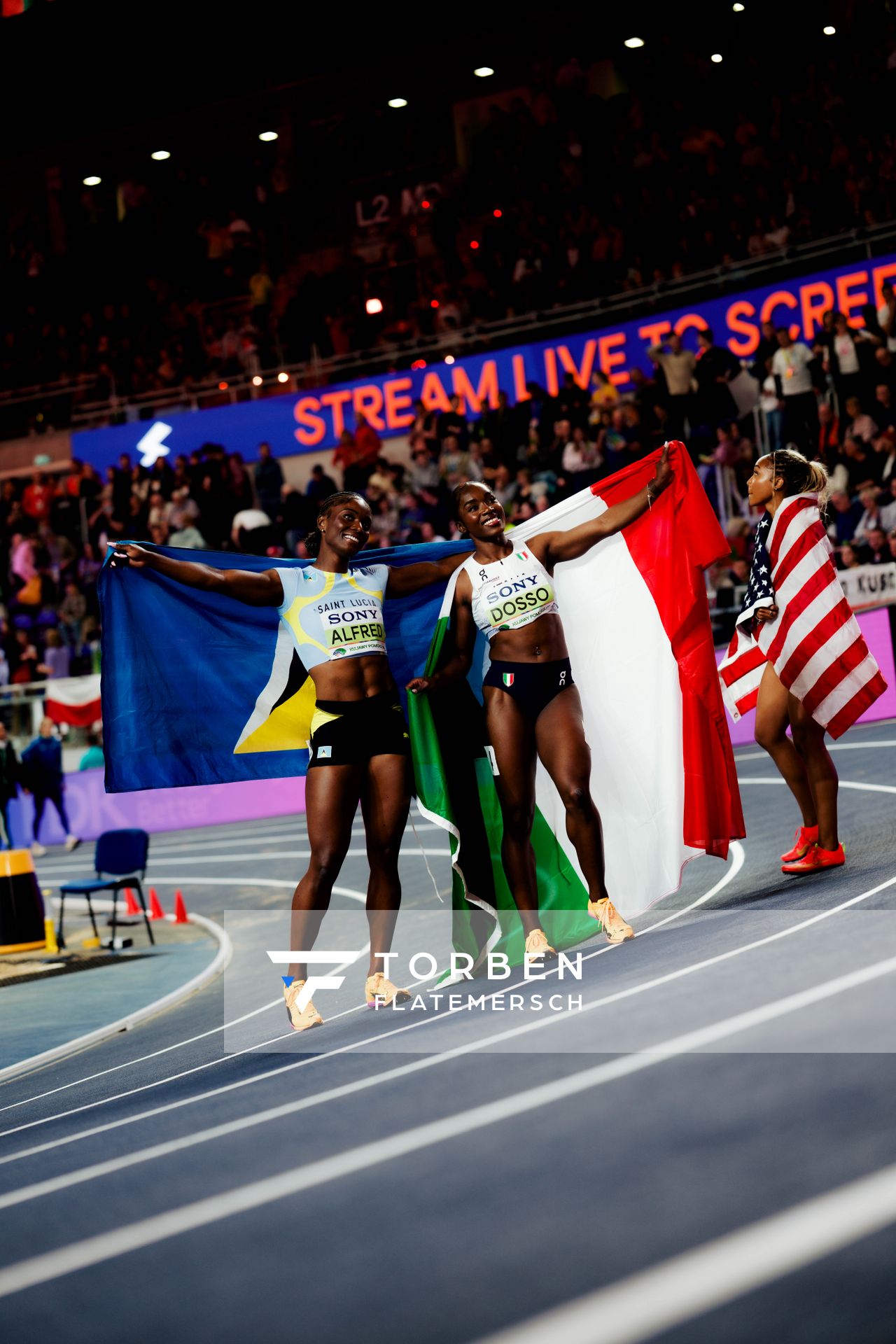 Julien Alfred (Saint Lucia), Zaynab Dosso (Italy) on 21.03.2026 at the World Athletics Indoor Championships 2026 in Torun