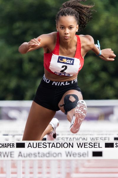 Jeanne Alipoé (VfL Eintracht Hannover) ueber 100m Huerden am 21.08.2021 bei den Deutschen Meisterschaften Mehrkampf im Auestadion in Wesel (Tag 2)