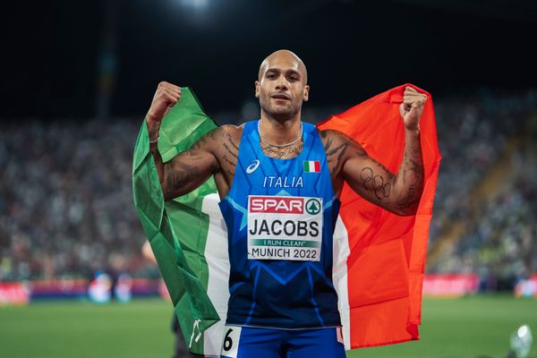 Lamont Marcell Jacobs (ITA) gewinnt das 100m Finale am 16.08.2022 bei den Leichtathletik-Europameisterschaften in Muenchen