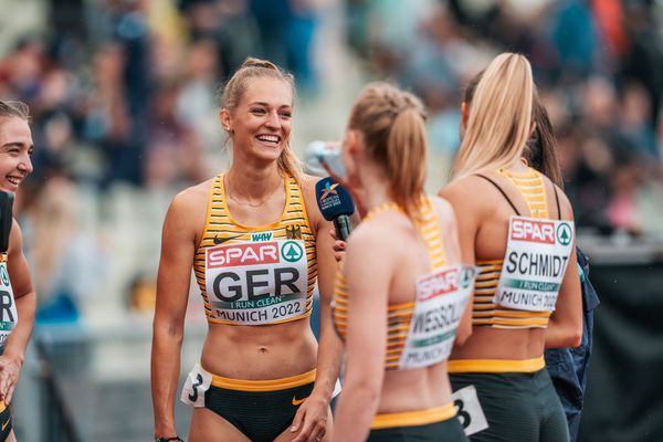 Luna Thiel (GER) in der 4x400m Staffel von Deutschland am 19.08.2022 bei den Leichtathletik-Europameisterschaften in Muenchen