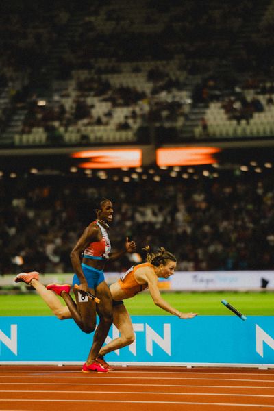 Femke Bol (NED/Netherlands), Alexis Holmes (USA/United States) during the 4x400 Metres Mixed Relay during day 1 of the World Athletics Championships Budapest 23 at the National Athletics Centre in Budapest, Hungary on August 19, 2023.
