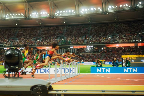 Ackera Nugent (Jamaica/JAM), Jasmine Camacho-Quinn (Puerto Rico/PUR) during the 100m Hurdles on Day 6 of the World Athletics Championships Budapest 23 at the National Athletics Centre in Budapest, Hungary on August 24, 2023.