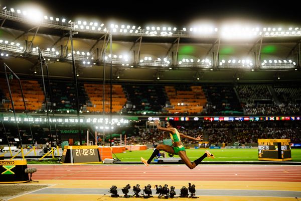 Shanieka Ricketts (JAM/Jamaica) during the Triple Jump Final on Day 7 of the World Athletics Championships Budapest 23 at the National Athletics Centre in Budapest, Hungary on August 25, 2023.