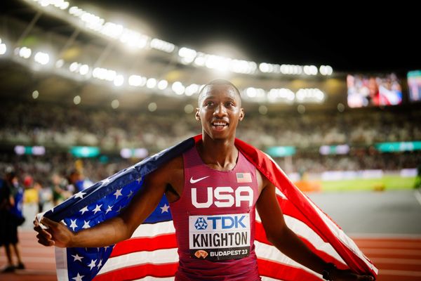 Erriyon Knighton (USA/United States) on Day 7 of the World Athletics Championships Budapest 23 at the National Athletics Centre in Budapest, Hungary on August 25, 2023.