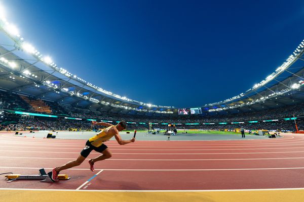 Jean Paul Bredau (GER/Germany) during the 4x400 Metres Relay on Day 8 of the World Athletics Championships Budapest 23 at the National Athletics Centre in Budapest, Hungary on August 26, 2023.