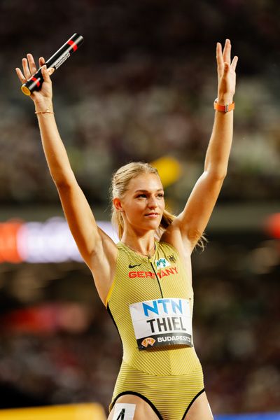 Luna Thiel (GER/Germany) during the 4x400 Metres Relay on Day 8 of the World Athletics Championships Budapest 23 at the National Athletics Centre in Budapest, Hungary on August 26, 2023.