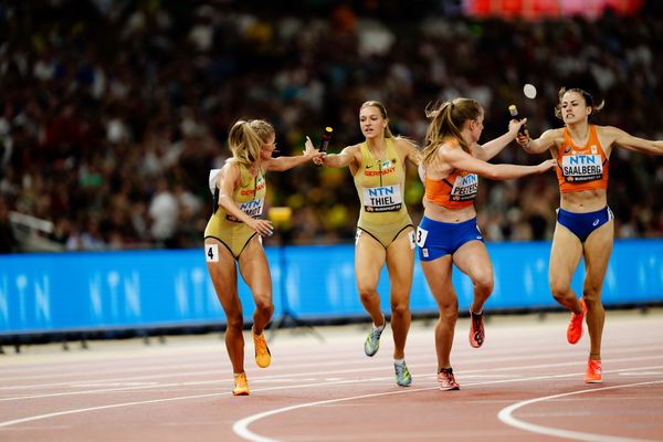 Luna Thiel (GER/Germany), Alica Schmidt (GER/Germany) during the 4x400 Metres Relay on Day 8 of the World Athletics Championships Budapest 23 at the National Athletics Centre in Budapest, Hungary on August 26, 2023.