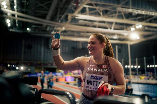 Sarah Mitton (CAN/Canada) beim Kugelstoßen am 01.03.2024 bei den World Athletics Indoor Championships in Glasgow (Schottland / Vereinigtes Königreich)