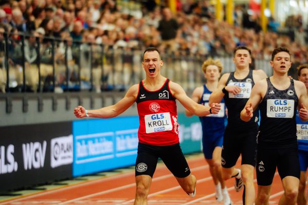 Florian Kroll (LG Osnabrück) gewinnt das 400m Finale bei den deutschenHallenmeisterschaften am 23.02.2025 in der Helmut-Körnig-Halle in Dortmund