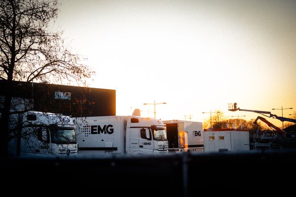 TV Trucks and sunset during the European Athletics Indoor Championships on 08/03/2025 at the Omnisport Arena in Apeldoorn