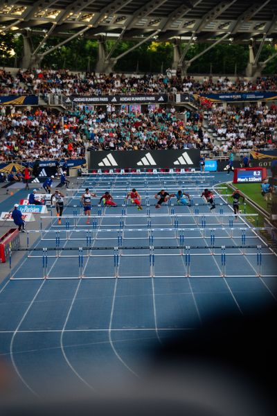 Eric Edwards (United States), Just Kwaou-Mathey (France), Dylan Beard (United States), Jamal Britt (United States), Trey Cunningham (United States), Rachid Muratake (Japan), Asier Martínez (Spain), Aurel Manga (France) during the 110m Hurdles heats at the Wanda Diamond League MEETING de Paris on 20/06/2025 in Paris