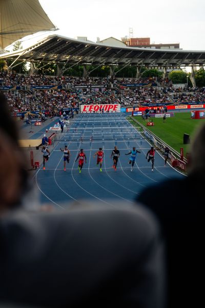 Eric Edwards (United States), Just Kwaou-Mathey (France), Dylan Beard (United States), Jamal Britt (United States), Trey Cunningham (United States), Rachid Muratake (Japan), Asier Martínez (Spain), Aurel Manga (France) during the 110m Hurdles heats at the Wanda Diamond League MEETING de Paris on 20/06/2025 in Paris