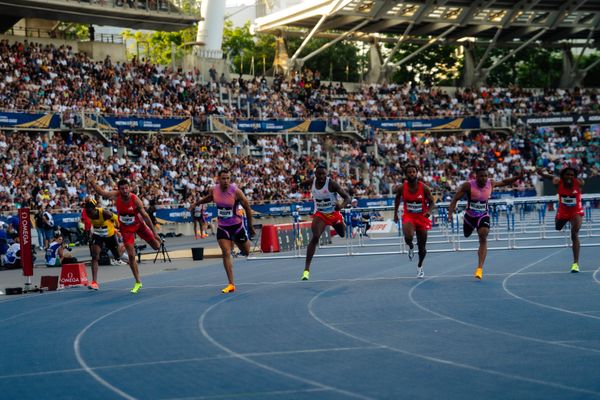 Michael Obasuyi (Belgium),Erwann Cinna (France)
Wilhem Belocian (France), Freddie Crittenden (United States), Grant Holloway (United States), Jason Joseph (Switzerland), Enrique Llopis (Spain), Jeremie Lararaudeuse (Mauritius) during the 110m Hurdles at the Wanda Diamond League MEETING de Paris on 20/06/2025 in Paris