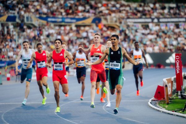 Mohamed Attaoui (Spain), Josh Hoey (United States), Bryce Hoppel (United States), Gabriel Tual (France) during the 800m race at the Wanda Diamond League MEETING de Paris on 20/06/2025 in Paris