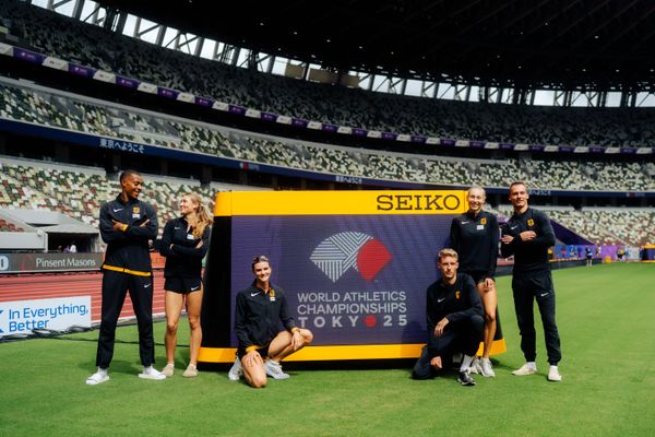 The German 4x400 meter mixed relay team with Jana Lakner (GER), Johanna Martin (GER), Elisa Lechleitner (GER), Florian Kroll (GER), Manuel Sanders (GER), Emil Agyekum (GER) during the World Athletics Championships on  12.09.2025 in Tokyo