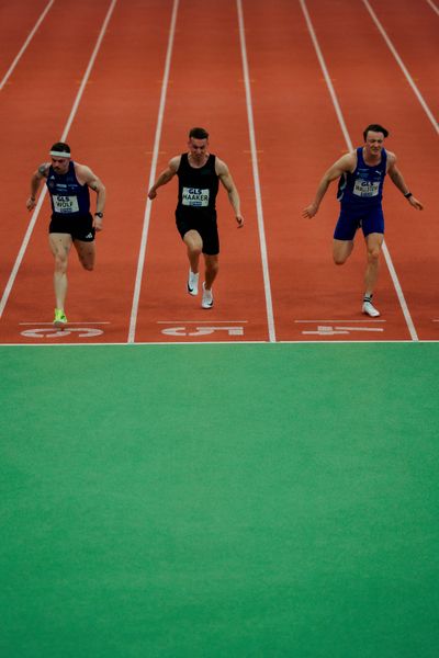 Yannick Wolf (Munich Athletics), Niklas Haaker (LG Neustadt Nord), Benedikt Thomas Wallstein (LAC Erdgas Chemnitz) am 28.02.2026 bei den Deutschen Hallen Meisterschaften in der Helmut-Körnig-Halle in Dortmund