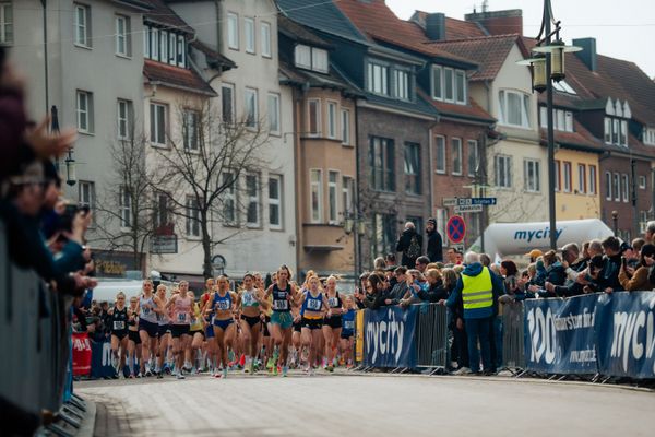 Domenika Mayer (LG TELIS FINANZ Regensburg), Gesa Felicitas Krause (Silvesterlauf Trier), Esther Pfeiffer (Düsseldorf Athletics), Eva Dieterich (LAV Stadtwerke Tübingen) am 08.03.2026 bei den Deutschen Meisterschaften 10 km Straße in Uelzen