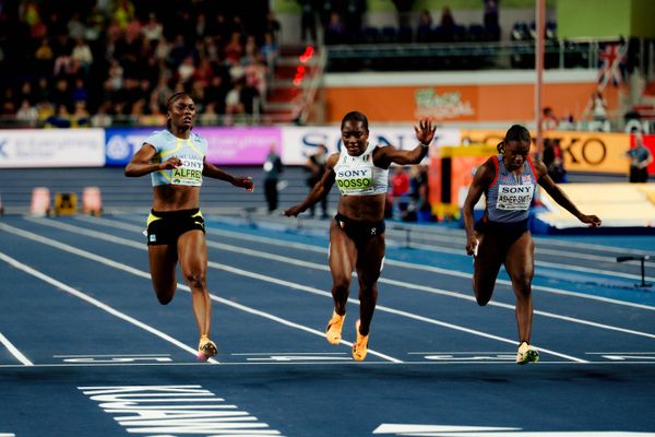 Julien Alfred (Saint Lucia), Zaynab Dosso (Italy), Dina Asher-Smith (Great Britain & N.I.) on 21.03.2026 at the World Athletics Indoor Championships 2026 in Torun